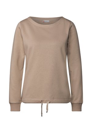 Beżowa bluza z okrągłym dekoltem wykonana z miękkiego materiału, z długimi rękawami, ściągaczem u dołu oraz ribbowymi mankietami. Prosty i elegancki design.