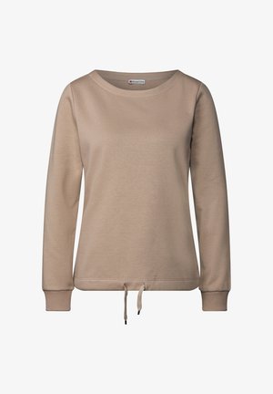 Beige crewneck collegepusero valmistettu pehmeästä kankaasta, jossa on pitkät hihat, kiristettävä helma ja ribattu resori. Yksinkertainen ja siisti muotoilu.
