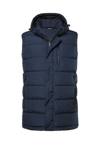 Námořnická modrá zateplená vesta s kapucí, se zapínáním na zip, dvěma bočními kapsami a vodorovným prošíváním pro lepší izolaci. Hladký povrch.