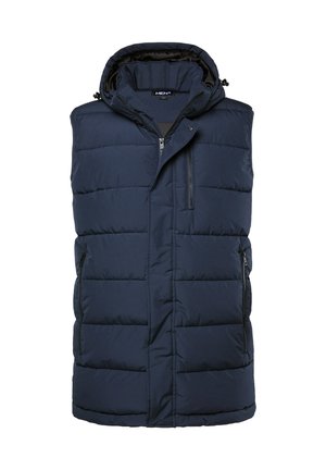 Gilet imbottito blu navy con cappuccio, caratterizzato da chiusura con zip, due tasche laterali e cuciture orizzontali per l'isolamento. Texture liscia.