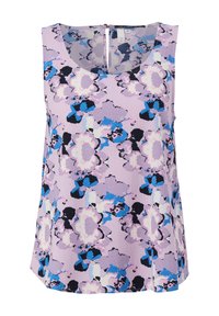 Blouse sans manches lavande avec un col arrondi, présentant un motif floral bleu, noir et blanc et une petite fermeture à bouton au dos.