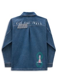 Denim jacket in medium blue with a relaxed fit. Features "OFF THE WALL" printed on the back, and an embroidered rabbit design at the lower left.