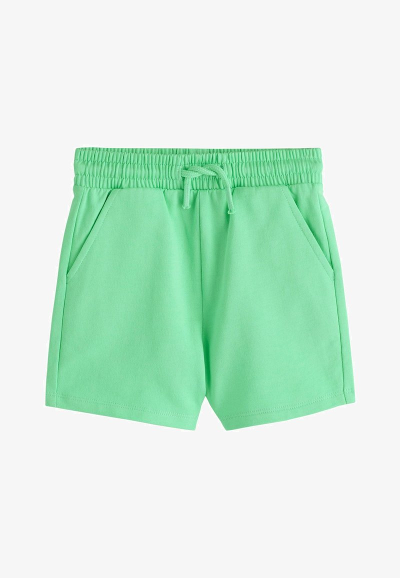 Shorts en coton vert clair avec ceinture élastique, cordon de serrage et poches latérales, conçus pour une tenue décontractée.