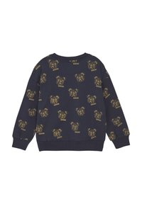 Marineblauer Sweatshirt aus Baumwolle, mit wiederholten goldenen Bulldoggen-Illustrationen auf dem Stoff. Gerippte Bündchen und Saum runden das Design ab.
