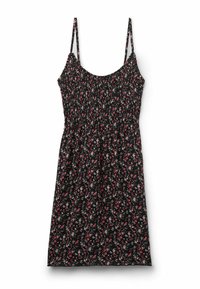 Schwarzes Blumenkleid mit dünnen Trägern, gerafftem Oberteil und fließendem Saum. Verziert mit kleinen roten und weißen Blumen auf schwarzem Hintergrund.