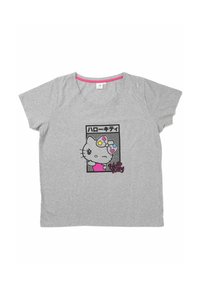 T-shirt in cotone grigio con scollatura rotonda. Presenta una stampa "Hello Kitty" nera e rosa, accentuata da cuori e testo giapponese.