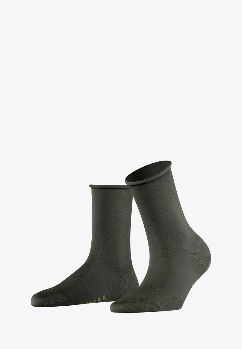 Ciemnozielone bawełniane skarpetki o gładkiej fakturze, z prążkowanymi mankietami i wzmocnionym palcem. Posiadają małe logo w żółtym kolorze w okolicy palców.