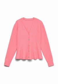 Cardigan rose à manches longues avec col en V et cinq boutons décoratifs sur le devant, posé à plat sur un fond blanc.