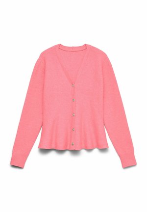 Cardigan rose à manches longues avec col en V et cinq boutons décoratifs sur le devant, posé à plat sur un fond blanc.