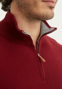 Sweat à col zip burgonde avec un col intérieur gris, doté d'une fermeture éclair en métal et d'une tirette en cuir, fabriqué en tissu doux et texturé.
