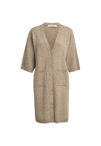 Cardigan beige realizzato in morbido tessuto lavorato a maglia, con scollatura a V, maniche corte, bottoni sul davanti e due tasche frontali.