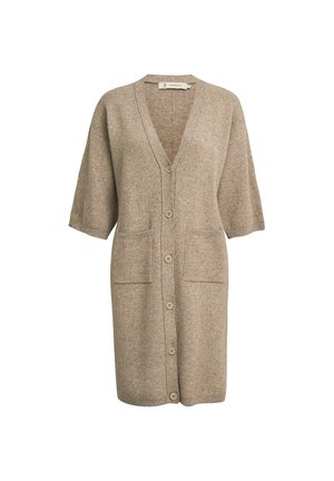 Beiger Cardigan aus weichem Strickmaterial, mit V-Ausschnitt, kurzen Ärmeln, Knöpfen auf der Vorderseite und zwei vorderen Taschen.