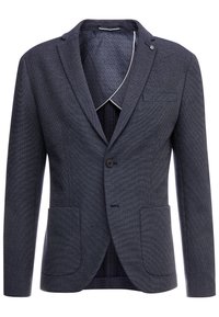 Mörkblått strukturerat blazer för män med notch laplar, två framfickor, en bröstficka och ensidig knäppning.