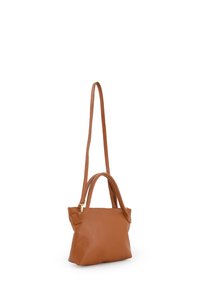 Braune Lederhandtasche mit zwei Griffen, einem langen verstellbaren Schultergurt, glatter Textur und minimalistischer Gestaltung. Mit goldfarbenen Hardware-Details.