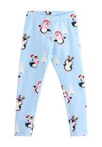 Light blue leggings featuring a penguin pattern, wearing winter hats and scarves, with snowflakes and trees scattered throughout.