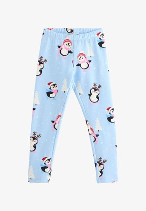 Light blue leggings featuring a penguin pattern, wearing winter hats and scarves, with snowflakes and trees scattered throughout.