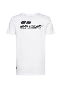 Bílý bavlněný tričko s černým textem: "GRAN TURISMO" nad "SKUTEČNÝM SIMULÁTOREM JÍZDY," s kulatým výstřihem a krátkými rukávy.