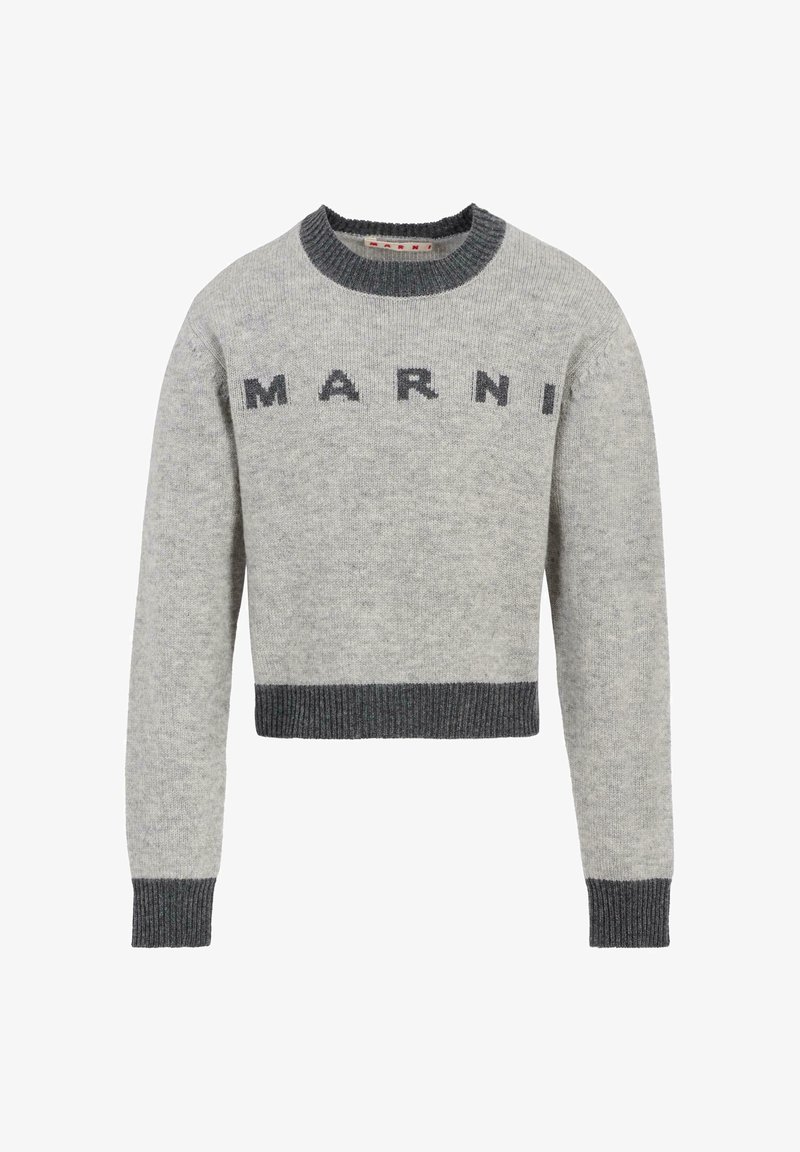 Maglione grigio lavorato a maglia con design cropped, caratterizzato da dettagli a costine grigio scuro sul collo e sull'orlo, e logo "MARNI" in grigio scuro.
