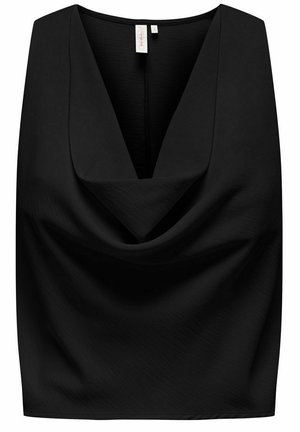 Mouwloze zwarte blouse met een diepe watervalhals en een stoffen label dat aan de binnenkant van de achterkant van de kraag is bevestigd.
