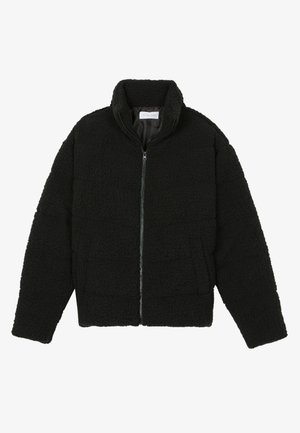 Black faux fur jacket with a high collar, zip closure, elastic cuffs, and a quilted design. Features side pockets and a soft texture.