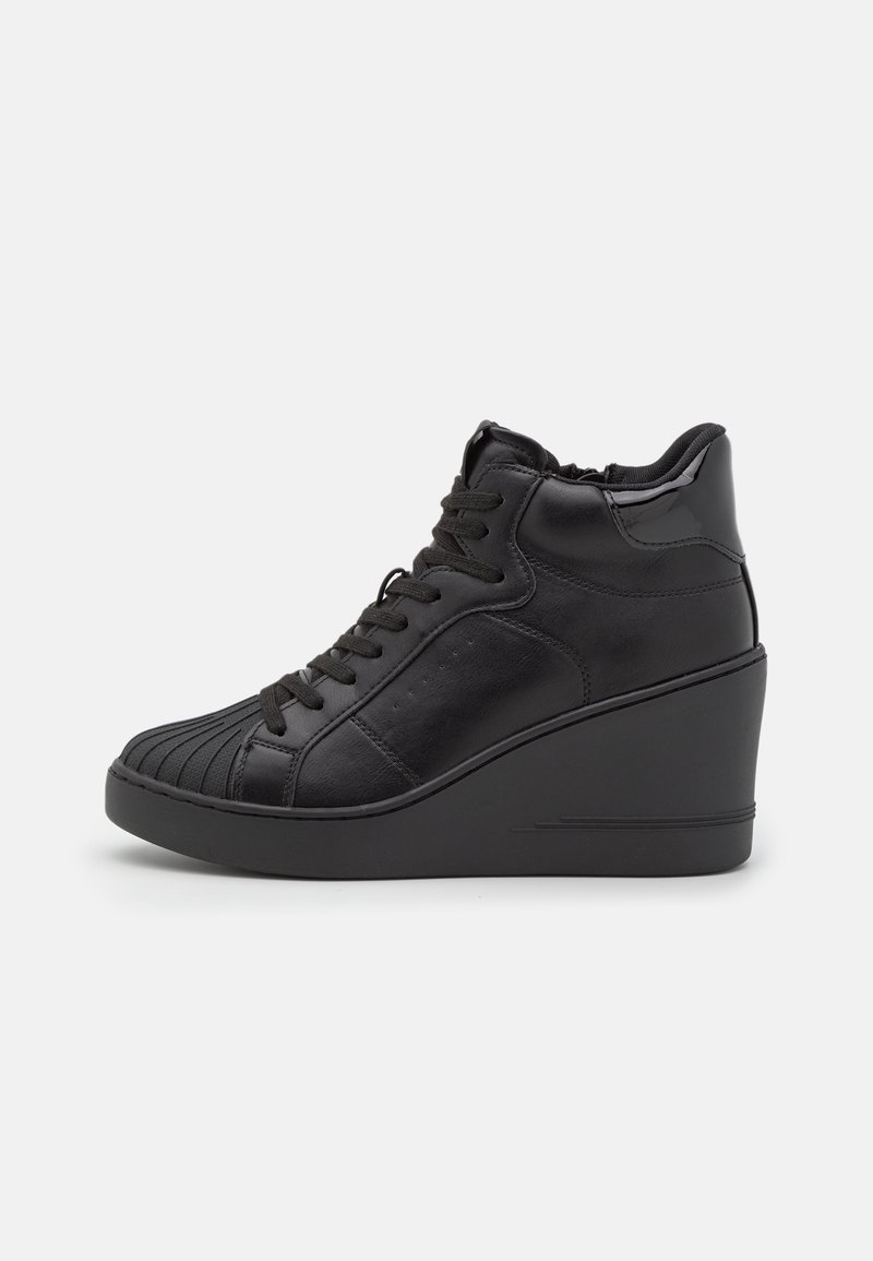 Black high-top sneakers with a wedge heel, smooth leather, rounded toe, and lace-up front. Textured detailing on the toe cap.