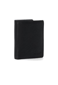 Zwart leren portemonnee met een gestructureerde afwerking, bi-fold ontwerp en subtiel geperst logo. Compacte vorm, strakke lijnen en geen zichtbare hardware.