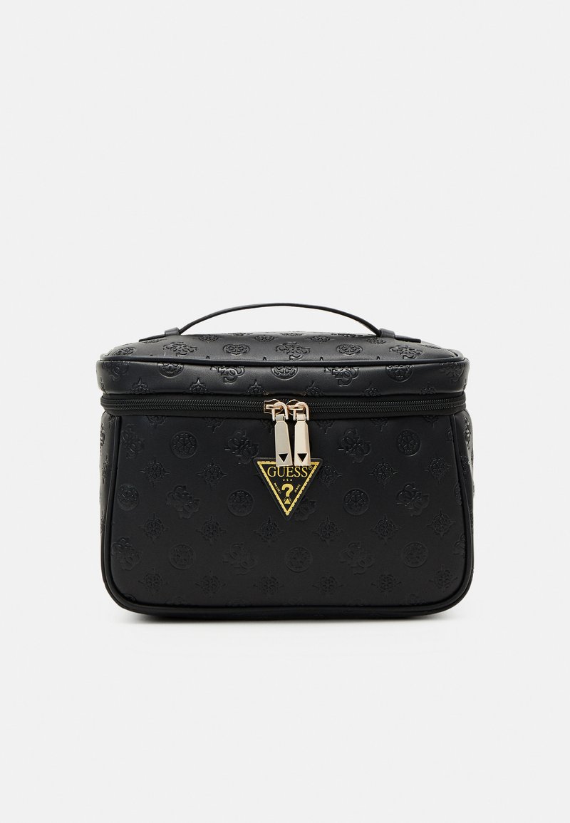 Black cosmetic bag with embossed floral pattern, gold hardware, a triangular logo, and a top handle; rectangular shape with a zip closure.