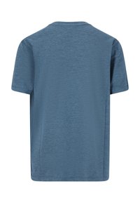 Blå kortärmad t-shirt med rund halsringning, sedd från baksidan med enfärgad tyg och standard passform.