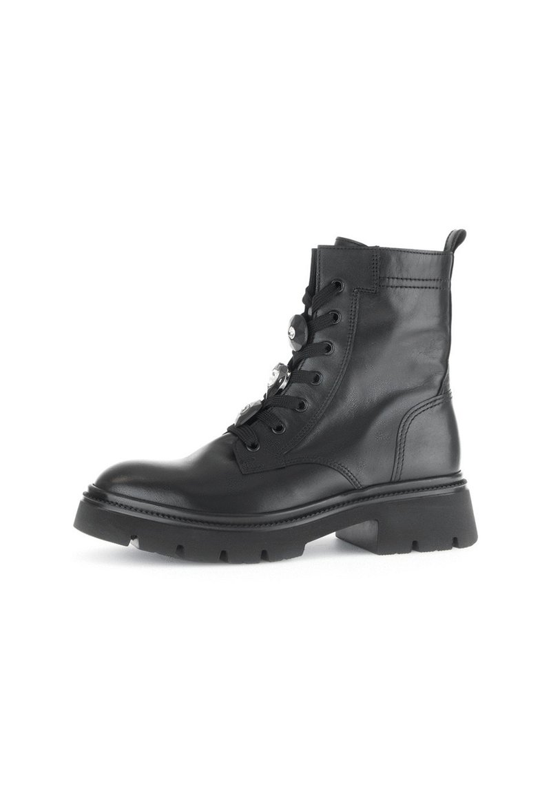 Black leather ankle boots with a rounded toe, lace-up front, and a textured sole. Features a small pull tab at the back and eyelet details.