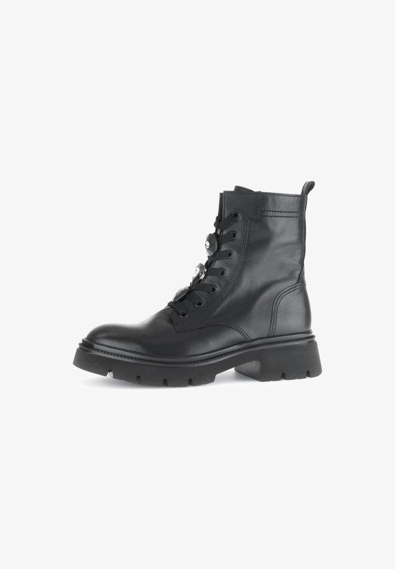 Black leather ankle boots with a rounded toe, lace-up front, and a textured sole. Features a small pull tab at the back and eyelet details.