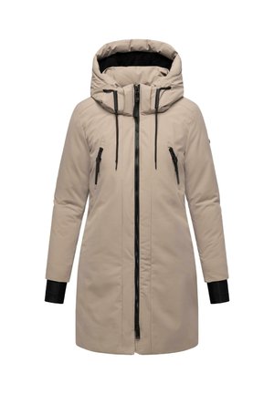 Beige winterjas met capuchon, lange mouwen, een ritssluiting aan de voorkant, twee ritszakken op de borst en zwarte accenten op de manchetten. Gladde textuur.