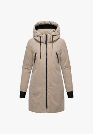Beige Wintermantel mit Kapuze, langen Ärmeln, einem Reißverschluss vorne, zwei Reißverschlusstaschen auf der Brust und schwarzen Akzenten an den Ärmeln. Glatte Textur.