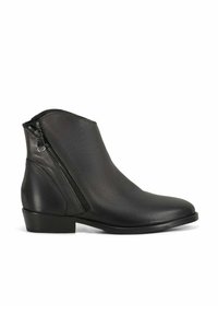 Stivaletto in pelle nera con cerniera laterale e tacco basso, design elegante, texture liscia e punta arrotondata.