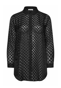 Czarna, przezroczysta koszula w kropki, z zapięciem na guziki z przodu, długimi rękawami i klasycznym kołnierzykiem. Gładka faktura.