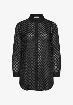 Schwarzes durchsichtiges Hemd mit Polka-Dot-Muster, mit Knopfleiste, langen Ärmeln und klassischem Kragen. Glatte Textur.