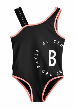 Costume da bagno intero nero con rifiniture rosa, caratterizzato da un logo circolare bianco con la lettera "B" e il nome del marchio stampati sul davanti.