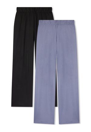 Due paia di pantaloni a gamba larga: uno nero e uno in lavanda chiaro. Entrambi presentano una vita elasticizzata e una texture di tessuto liscia.