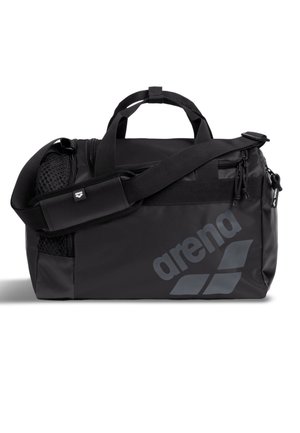 Borsa sportiva nera Arena con tracolla, tasca laterale in rete, scomparti con cerniera e grande logo sul lato.