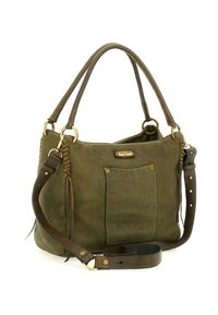 Borsa in pelle verde oliva con doppi manici, tasca frontale e tracolla regolabile in marrone scuro con fibbie e rivetti in tono oro.