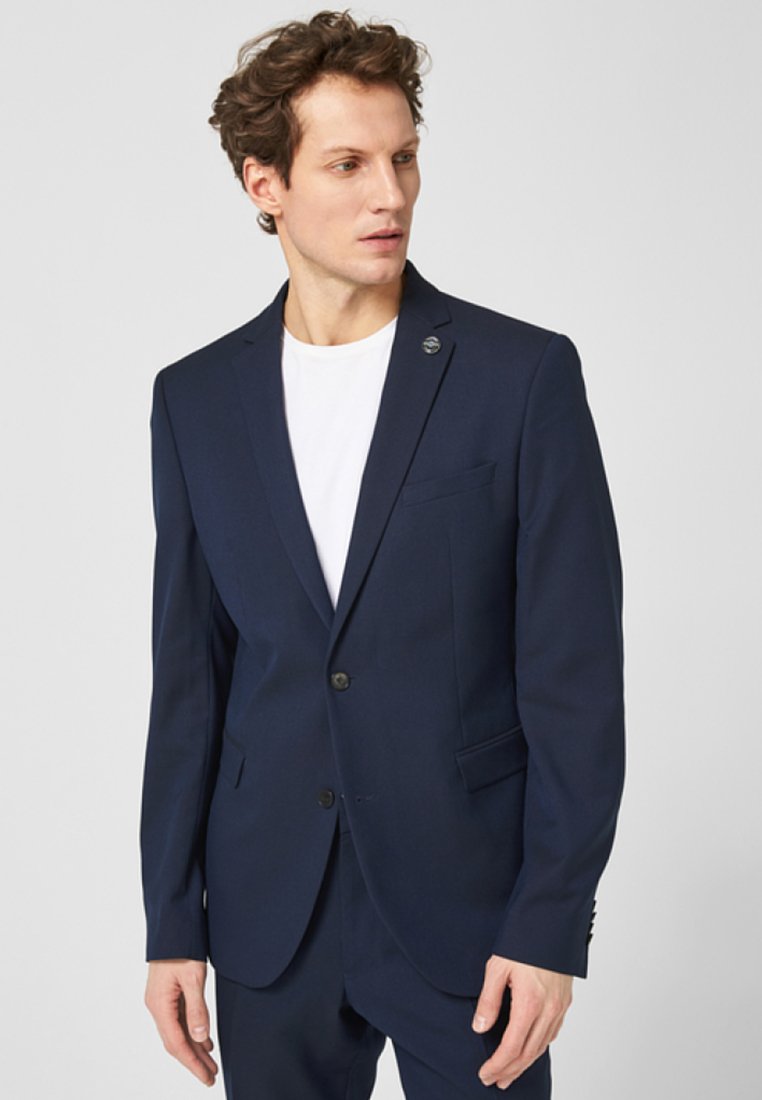 Navy blue tailored blazer in smooth fabric with a slim fit, single-button closure, and a chest pocket. Features subtle lapel and button detail.