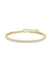 Kuldne käevõru, millel on lingitud disain ja mitu selget gemmide rida. Sisaldab sulgemist ja reguleeritavat ahelat suuruse kohandamiseks.