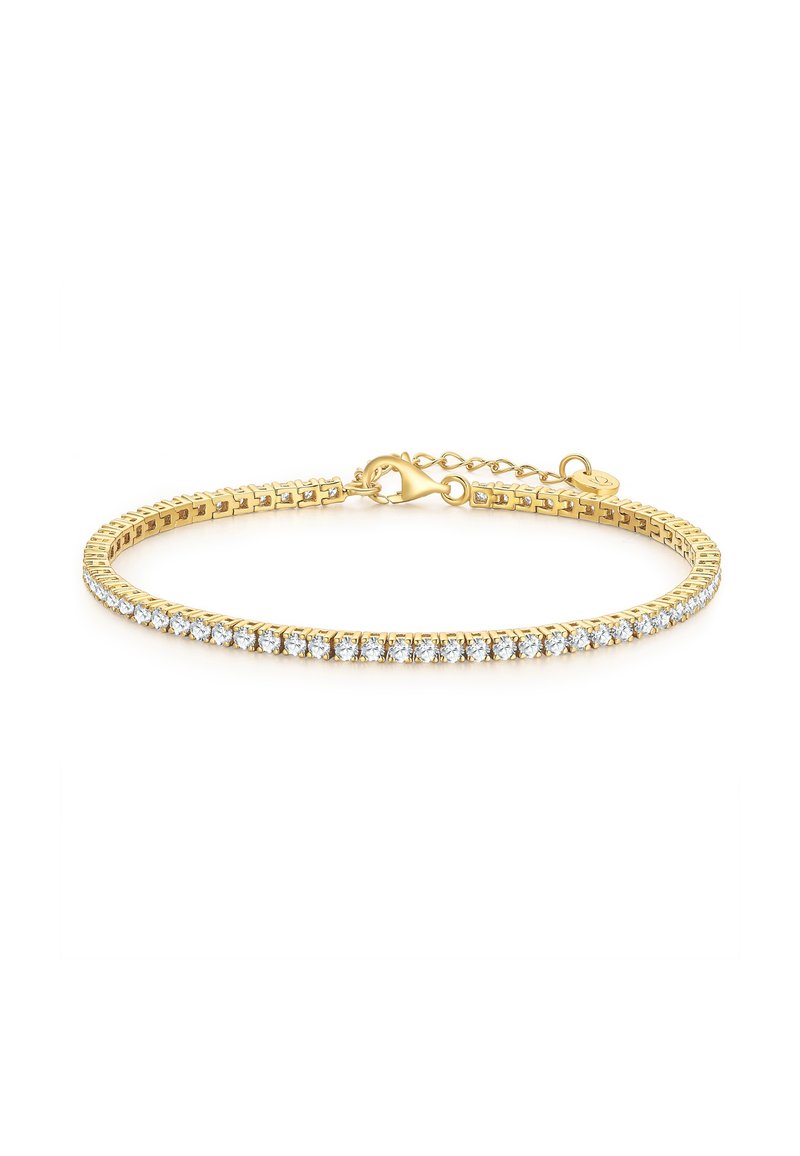 Kuldne käevõru, millel on lingitud disain ja mitu selget gemmide rida. Sisaldab sulgemist ja reguleeritavat ahelat suuruse kohandamiseks.