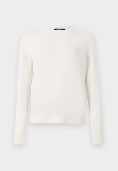 Valge kootud sviiter ümmarguse kaelusega, pikkade varrukatega ja ribadega mansettidega. Pehme tekstuur ja lihtne, klassikaline disain.