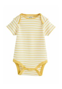Body s krátkym rukávom v bielych a žltých prúžkoch, vyrobený z mäkkej bavlny, s okrúhlym výstrihom a zapínaním na patentky v spodnej časti.