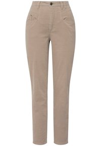 Chino in cotone beige con gamba dritta, caratterizzati da una chiusura a bottone, tasche anteriori e una texture liscia. Design semplice e versatile.