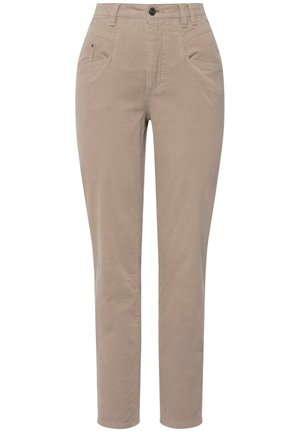 Beige bomulds-chinos med lige ben, der har knaplukning, frontlommer og en glat tekstur. Simpelt og alsidigt design.