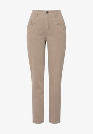 Beige bomulds-chinos med lige ben, der har knaplukning, frontlommer og en glat tekstur. Simpelt og alsidigt design.
