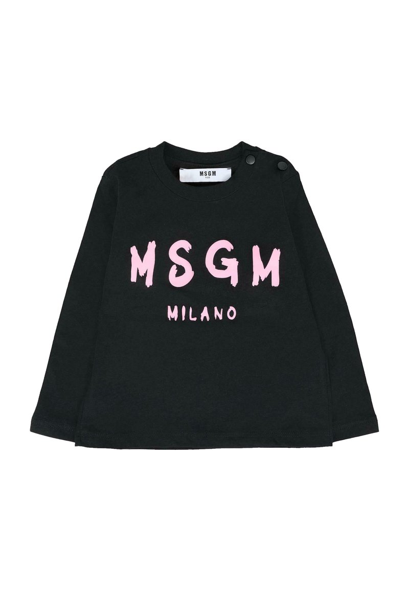 Zwarte lange mouwen kinderen shirt met roze "MSGM MILANO" tekst en drukknoopjes op de linkerschouder.