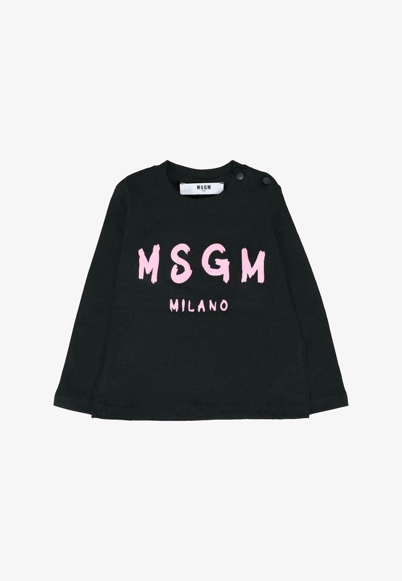 Czarna, długorękawowa koszulka dziecięca z różowym napisem "MSGM MILANO" i guziczkami na lewym ramieniu.