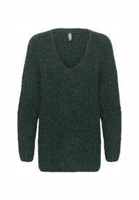 Mörkgrön stickad tröja med djup V-ringning, långa ärmar och lös passform. Gjord av mjukt, texturerat tyg.